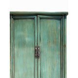 Chinese Oriental Distressed Pastel Moss Green Lacquer Slim Storage Cabinet cs6125S