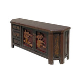 Chinese Distressed Brown Golden Flower Motif TV Console Table Cabinet cs6127S