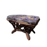 Crystal Jade Stone Top Bamboo Wood Stick Base Accent Stool Stand Table cs6150S