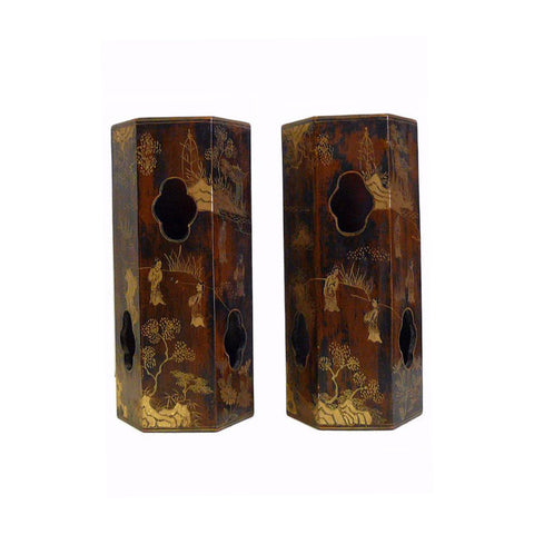 Pair Chinese Matte Gold Scenery Display Brush Pots cs670-5S