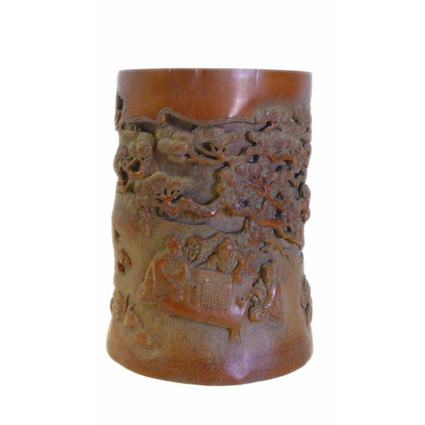 Chinese Bamboo Scenery Carved Brush Pot Holder Display