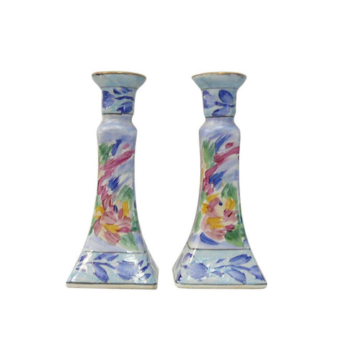 Pair Of Chinese Porcelain Color Mix Graphic Candle Holders