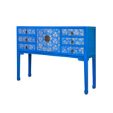 Bright Blue Lacquer Golden Flower Graphic Drawers Slim Foyer Side Table cs7145S