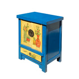 Chinese Rustic Bright Blue Yellow Graphic End Table Nightstand cs7355S