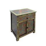 Distressed Pastel Green Turquoise Tibetan Floral End Table Nightstand cs7517S