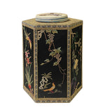 Chinese Black Hexagon Container Flower Birds Embroidery Porcelain Cover ws2659S