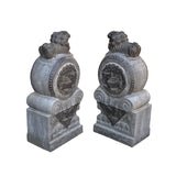 Chinese Pair Black Gray Stone Fengshui Foo Dogs Drum Statues cs7219S