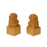 Chinese Pair Wood Carved Mini Foo Dogs Lions FengShui Figures ws2382S
