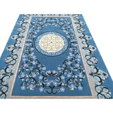 Large Rectangular Pastel Blue Floral Motif Graphic Wool Rug Carpet cs7530S