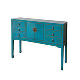 Distress Bright Blue Lacquer Tall Moon Face 6 Drawers Slim Foyer Table cs7566S