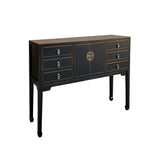 Oriental Black Lacquer Tall Moon Face 6 Drawers Slim Foyer Table cs7567S