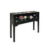 Black Lacquer Flower Graphic 4 Drawers Slim Narrow Foyer Side Table cs7347S