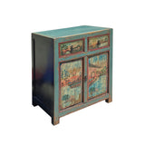 Chinese Distressed Turquoise Blue Old Graphic Credenza Cabinet cs7312S