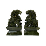 Pair Chinese Green Stone Foo Dog Lion Fengshui Figures 7" ws2375S