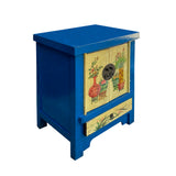 Chinese Rustic Bright Blue Yellow Graphic End Table Nightstand cs7421S