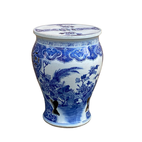 Chinese Blue & White Porcelain Flower Birds Small Round Stool Table cs ...