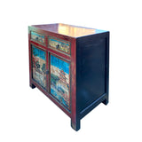 Chinese Distressed Red Blue Old Scenery Graphic Credenza Cabinet cs7393S