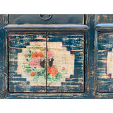 Chinese Distressed Dark Teal Blue Flower Graphic Credenza Cabinet cs7512S