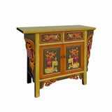 Chinese Distressed Mustard Yellow Orange Flower Carving Table Cabinet cs7111S