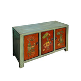 Chinese Vintage Gray Orange Flower Graphic Low TV Console Cabinet cs7427S