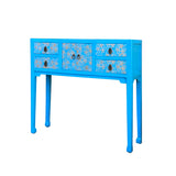 Bright Blue Lacquer Golden Flower Graphic Drawers Slim Foyer Side Table cs7146S
