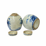 Pair Blue White Mini Oriental Graphic Porcelain Ginger Jars ws950S