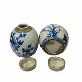 Pair Blue White Mini Oriental Flowers Graphic Porcelain Ginger Jars ws1874S