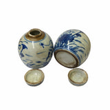 Pair Blue White Mini Oriental Flower Graphic Porcelain Ginger Jars ws1873S