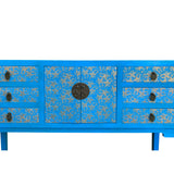 Bright Blue Lacquer Golden Flower Graphic Drawers Slim Foyer Side Table cs7153S