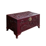 Oriental Chinese Burgundy Phoenix Dragon Carving Camphor Trunk Table cs7528S