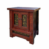 Chinese Vintage Brick Red Flower Graphic End Table Nightstand cs7070S