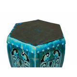 Ceramic Clay Green Turquoise Glaze Hexagon Motif Garden Stool Table cs7018S