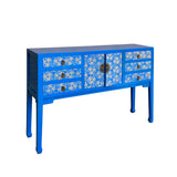 Bright Blue Lacquer Golden Flower Graphic Drawers Slim Foyer Side Table cs7145S