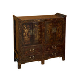Chinese Distressed Dark Brown Vintage Graphic Tall Credenza Cabinet cs5807S