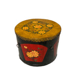 Chinese Tibetan Black Red Floral Graphic Round Drum on Stand cs7439S