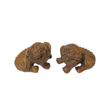 Chinese Pair Wood Carved Mini Foo Dog Lion FengShui Figures ws2365S