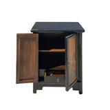 Chinese Distressed Black Yellow Scenery Graphic End Table Nightstand cs7341S