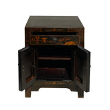 Chinese Distressed Black Copper Scenery Graphic End Table Nightstand cs7411S