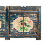 Chinese Distressed Dark Teal Blue Flower Graphic Credenza Cabinet cs7512S