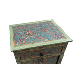 Distressed Pastel Green Turquoise Tibetan Floral End Table Nightstand cs7517S