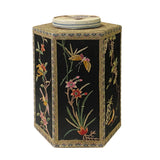 Chinese Black Hexagon Container Flower Birds Embroidery Porcelain Cover ws2659S