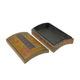 Chinese Distressed Yellow Brown Flower Graphic Rectangular Curved Shape Box ws2347S