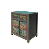 Chinese Distressed Turquoise Blue Old Graphic Credenza Cabinet cs7312S