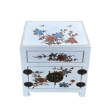 Chinese Off White Vinyl Moon Face Flower Bird End Table Nightstand cs7549S