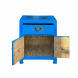 Chinese Bright Blue Vinyl Moon Face Flower Birds End Table Nightstand cs7131S