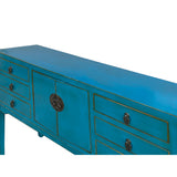 Distress Bright Blue Lacquer Tall Moon Face 6 Drawers Slim Foyer Table cs7566S