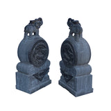Chinese Pair Black Gray Stone Fengshui Elephant Drum Statues cs7220S