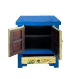 Chinese Rustic Bright Blue Yellow Graphic End Table Nightstand cs7421S