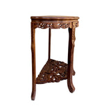 Chinese Brown Flower Carving Wood 2 Half Side Round Pedestal Table ws2748S