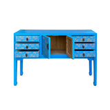 Bright Blue Lacquer Golden Flower Graphic Drawers Slim Foyer Side Table cs7153S